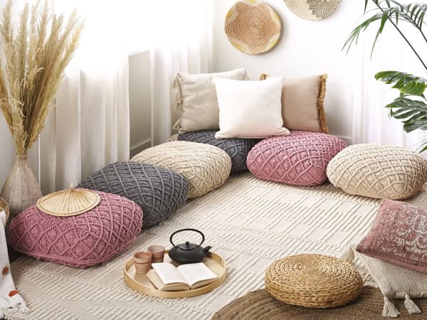 Puf Beige Bomuld 50 x 50 x 20 cm Firkantet Dekorativ Mønstret Gulvpude i Macrame Flet Siddepuf Multifunktionel Fodskammel Indendørs Stue