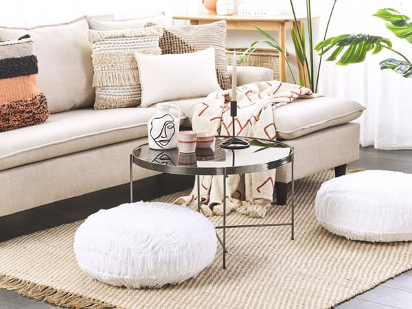 Puf Hvid Bomuld EPS kugler ø 50 cm Dekorativ Gulvpude med Frynser Fluffet Design Fodskammel Multifunktionel Boho Tilbehør Stue Soveværelse