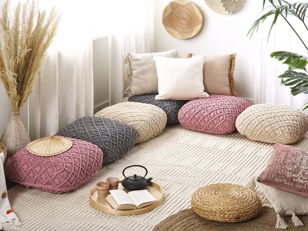 Gulvpute Grå Bomull 50 x 50 x 20 cm Makramé Sitteplass Puff Dekorativ Innredning Boho