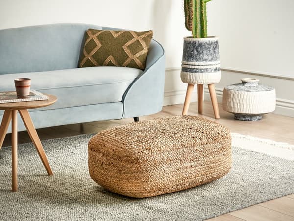 Golvkudde Beige Jute EPS Pärlor Fyllning 70 x 40 x 20 cm Rund Boho Stil Hemtillbehör