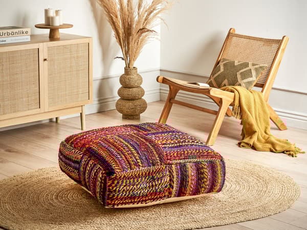 Golvkudde Flerfärgad Bomull EPS Pärlor Fyllning 70 x 70 x 20 cm Handgjord Återvunnet Material Fyrkant Boho Stil Vardagsrum Hemtillbehör