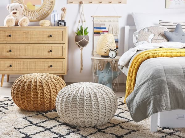 Sittpuff Ottoman Gul Stickad Bomull EPS-pärlor fyllning Rund Liten fotpall 50 x 35 cm