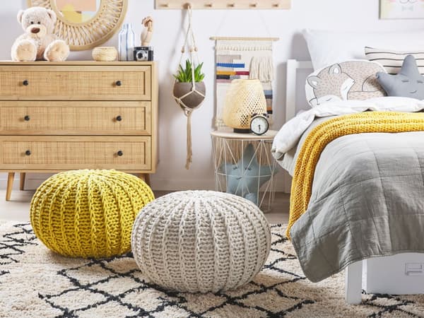 Sittpuff Ottoman Beige Stickad Bomull EPS-pärlor fyllning Rund Liten fotpall 50 x 35 cm