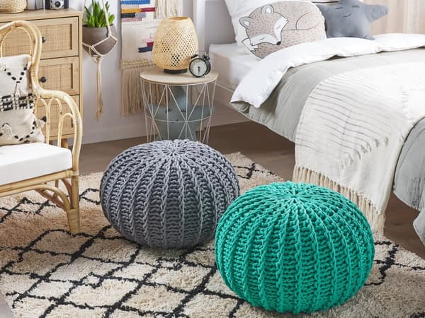 Sittpuff Ottoman Smaragdgrön Stickad Bomull EPS-pärlor fyllning Rund Liten fotpall 50 x 35 cm
