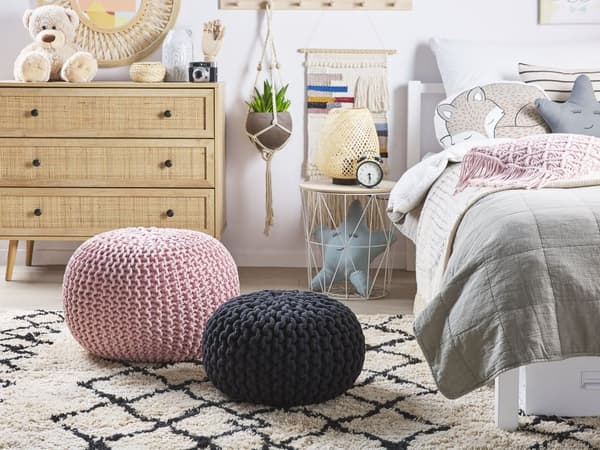 Puff Ottoman Rosa Stickad bomull EPS-pärlor Fyllning Rund Liten fotpall 50 x 35 cm