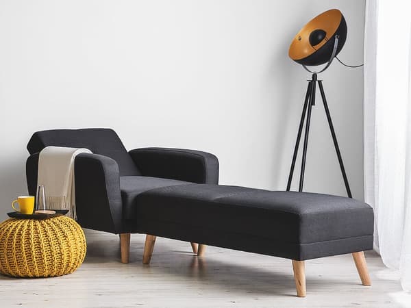 Ottoman Svart Tyg Stoppad Rektangulär Ben i massivt trä Minimalistisk Modern Vardagsrum
