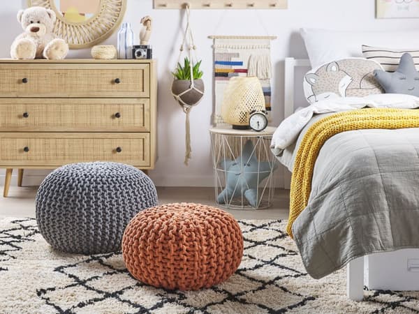 Puff Ottoman Mörkgrå Stickad bomull EPS-pärlor Fyllning Rund Liten fotpall 50 x 35 cm