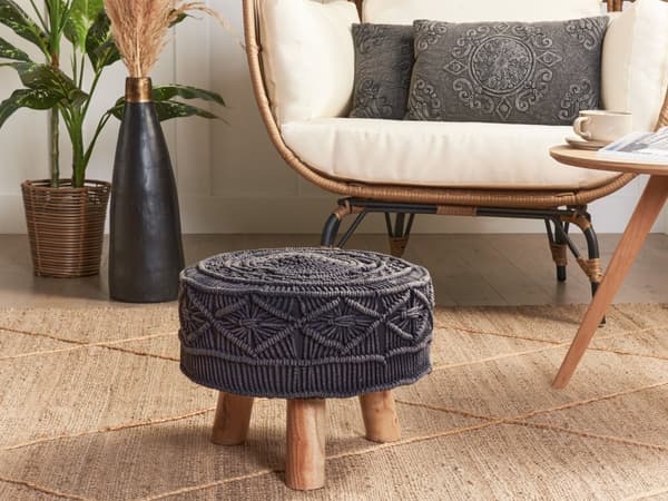 Jakkara grafiitinharmaa 42 x 33 x 42 cm puuvilla puujalat käsintehty pyöreä makrameepunos boho