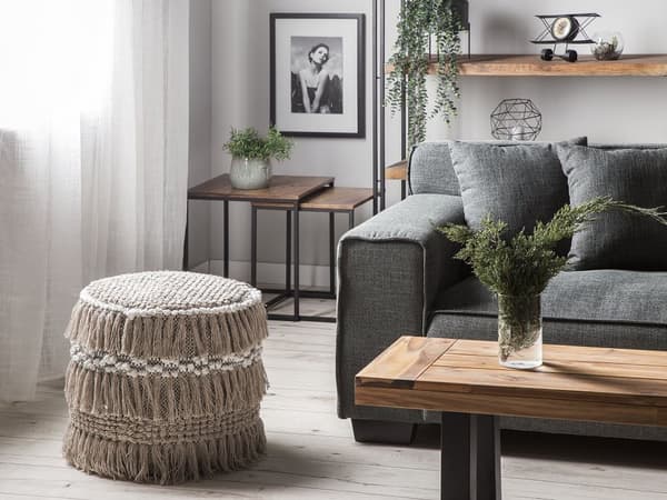 Puff Beige Bomull Tofsar och knutar Dekorativ Boho Rustik