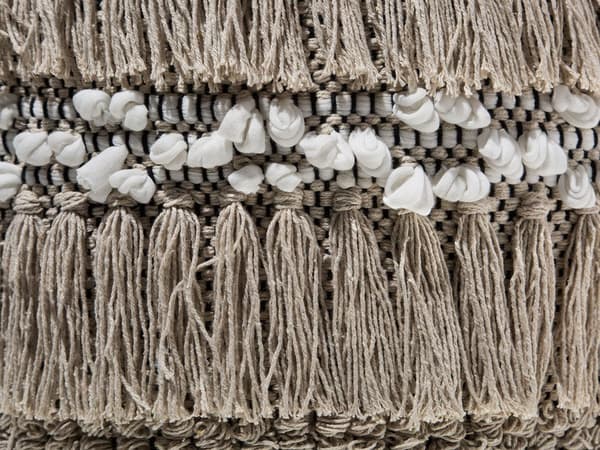 Puff Beige Bomull Tofsar och knutar Dekorativ Boho Rustik