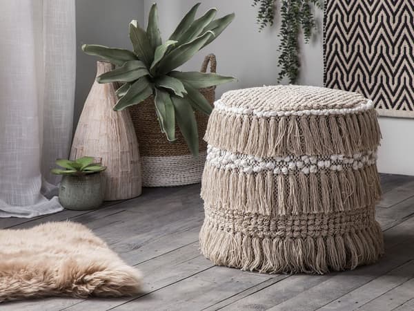 Puff Beige Bomull Tofsar och knutar Dekorativ Boho Rustik