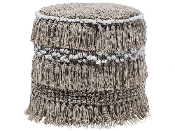 Puff Beige Bomull Tofsar och knutar Dekorativ Boho Rustik