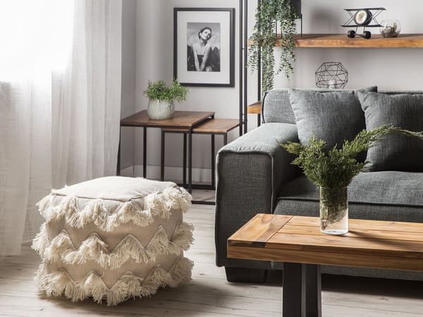 Puff Beige Bomull Tofsar Dekorativ Boho Rustik