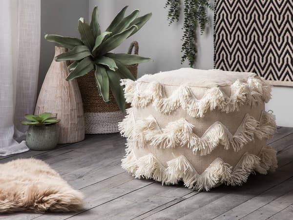 Puff Beige Bomull Tofsar Dekorativ Boho Rustik