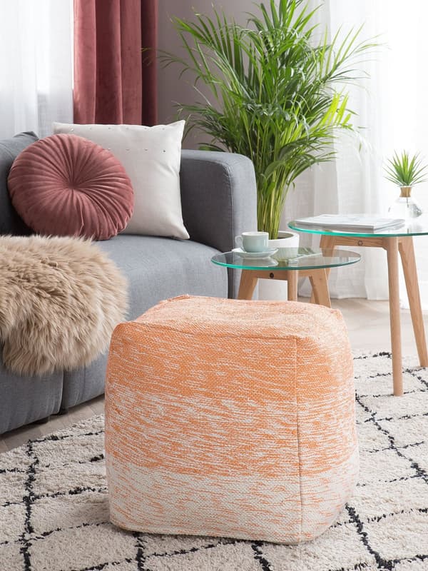 Puff Orange och Vit Bomull 3 Stripes Kub Boho Skandinavisk