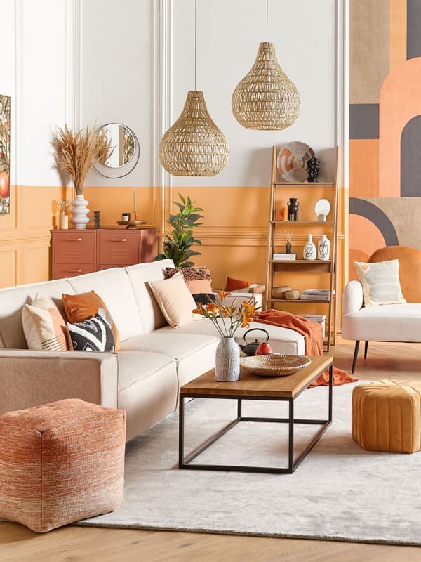 Puff Orange och Vit Bomull 3 Stripes Kub Boho Skandinavisk