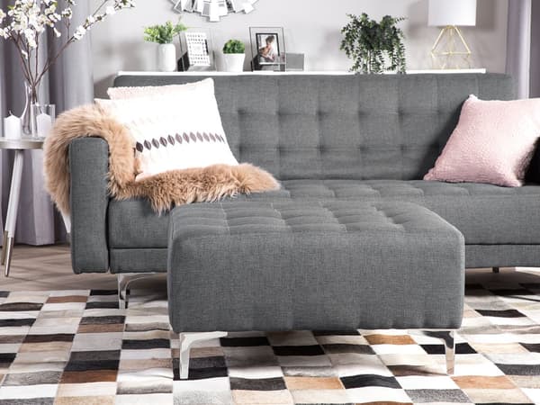Ottoman Fodskammel Lysegrå Polyester Skumfyld og Sølv Krom Metalben 41 x 80 x 80 cm Moderne Tuftet Siddeplads Stue og Soveværelsesindretning
