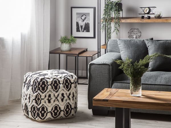 Puf Sort og Hvid Bomuld og Uld Flettet med EPS Kugler 45x45 cm Håndlavet Geometrisk Mønster Komfortabel Firkantet med Multifunktion