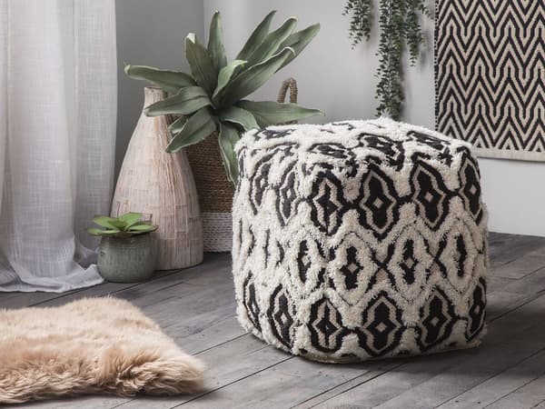 Puf Sort og Hvid Bomuld og Uld Flettet med EPS Kugler 45x45 cm Håndlavet Geometrisk Mønster Komfortabel Firkantet med Multifunktion