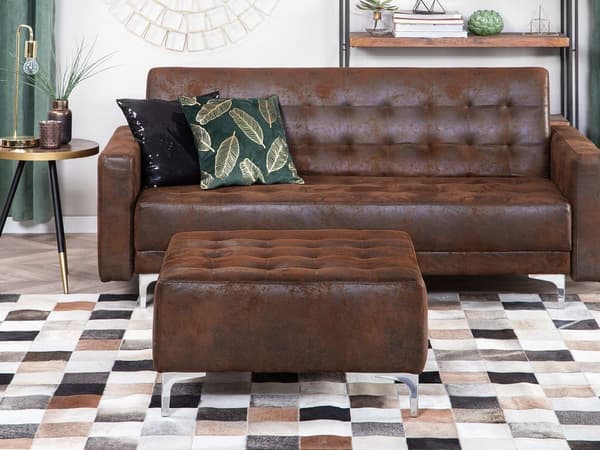 Ottoman Fodskammel Brun Kunstlæder med Skumfyld og Sølv Krom Metalben 41 x 80 x 80 cm Klassisk Moderne Tuftet Siddeplads Stueindretning