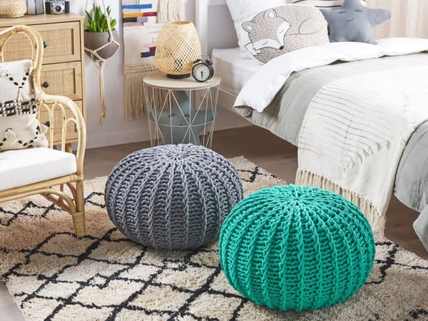 Puf Mørkegrå Strikket Bomuld 50x35cm Boho Moderne Design Rund Fodskammel Skammel Fodstøtte Siddepuf Nyt Hjem Sæde Stue Indretning Soveværelse