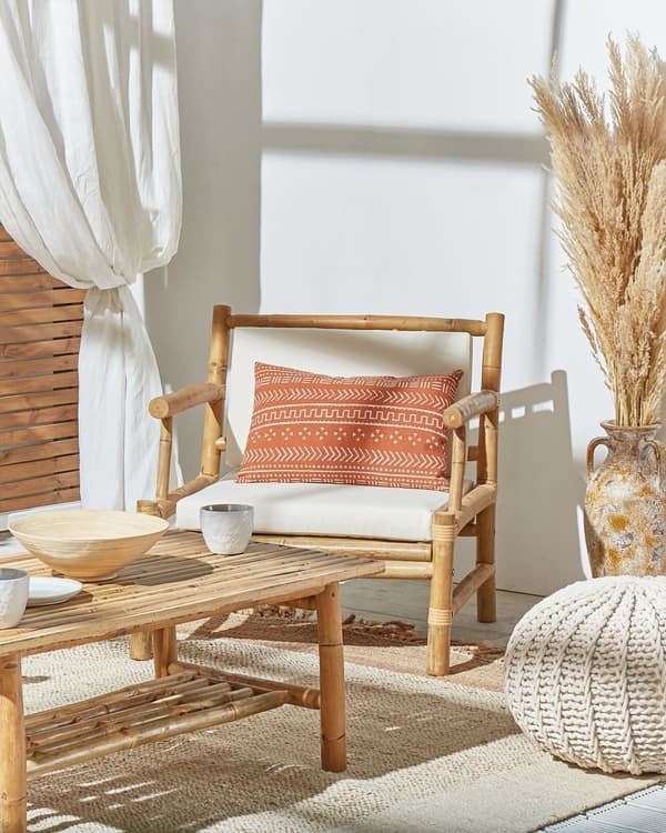Puf Beige Strikket Bomuld 50x35 cm Boho Moderne Design Rund Fodskammel Skammel Fodstøtte Siddepuf Nyt Hjem Sæde Stue Indretning Soveværelse