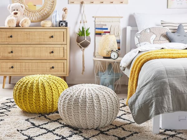 Puf Beige Strikket Bomuld 50x35 cm Boho Moderne Design Rund Fodskammel Skammel Fodstøtte Siddepuf Nyt Hjem Sæde Stue Indretning Soveværelse
