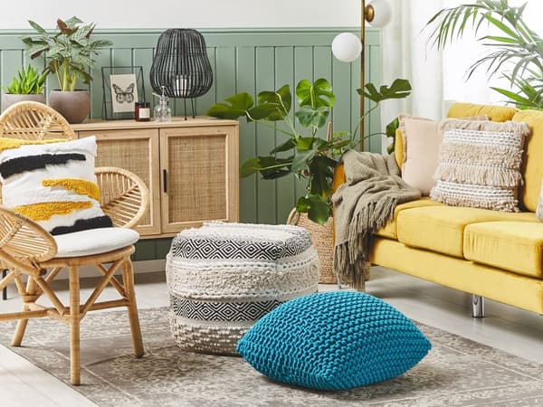Puf Strikket Bomuld Søblå 50x50x31 cm Firkantet Boho Moderne Design Blå Fodskammel Skammel Fodstøtte Siddepuf Sæde Indretning Stue Soveværelse