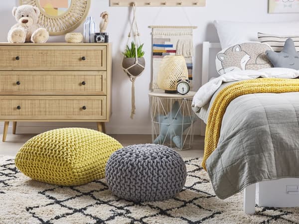 Puf Strikket Bomuld Gul 50x50x31 cm Firkantet Boho Moderne Design Fodskammel Skammel Fodstøtte Siddepuf Sæde Boligindretning Stue Soveværelse