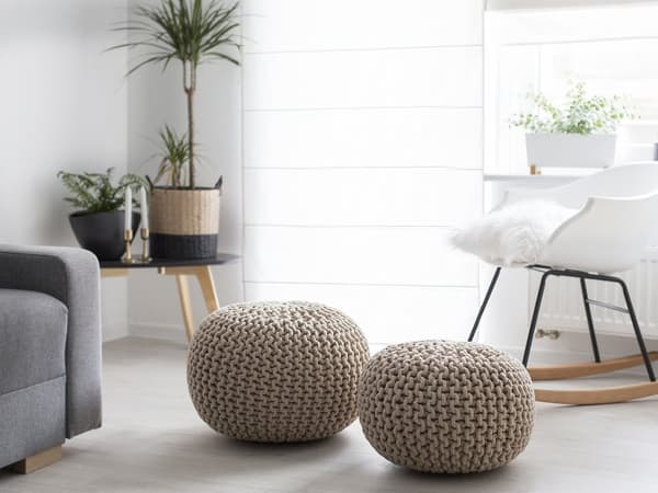 Puf Beige Strikket Bomuld EPS Perler Fyld Rund Lille fodskammel 50 x 35 cm
