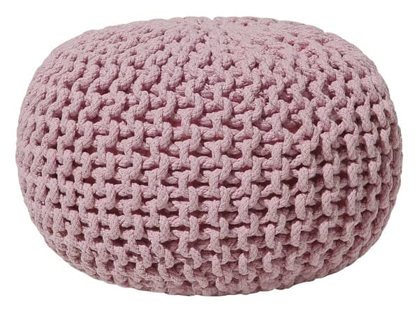 Puf Lyserød strikket bomuld EPS perler fyld Rund lille Fodskammel 40 x 25 cm