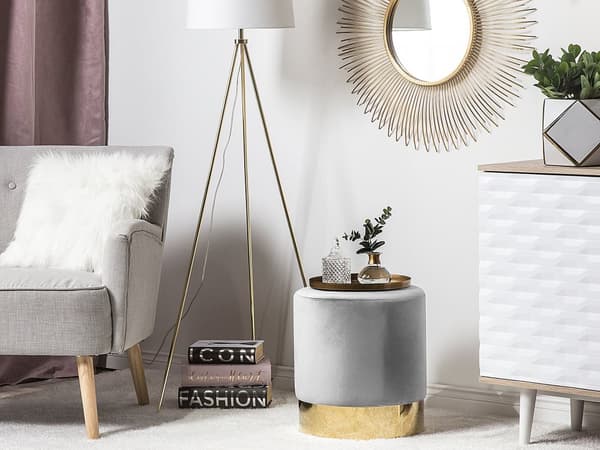 Puf Polyester Velour Lysegrå Guld ø 39 cm Rund Moderne Glam Design Skammel Fodskammel Fodstøtte Sæde Boligindretning Stue Soveværelse Møbel