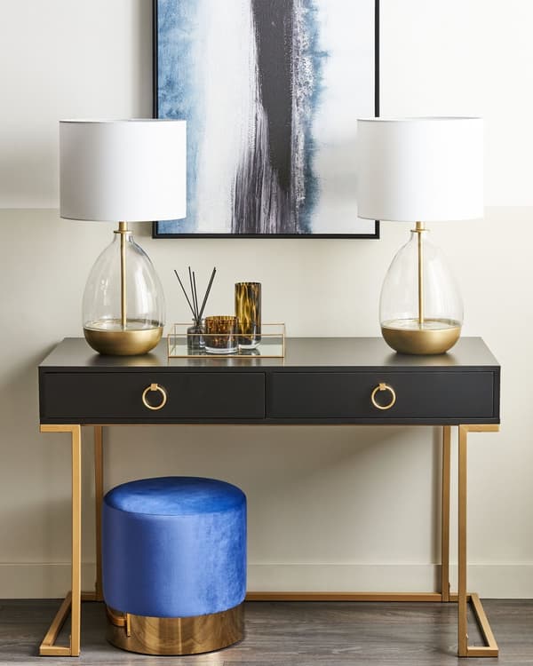 Sittpuff Marinblå Sammet Rund Dressing Puff Glam Pall med Guld