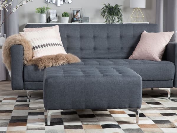 Ottoman Fodskammel Mørkegrå Polyester med Skumfyld og Sølv Krom Metalben 41 x 80 x 80 cm Klassisk Moderne Tuftet Siddeplads Stueindretning