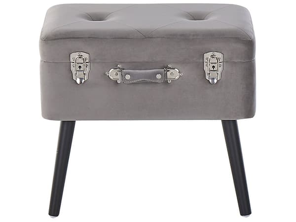 Skammel Grå Velour Træben 46 x 52 x 36 cm Polstret Puf med Opbevaring Moderne Design Kuffertformet Sengebord Soveværelse