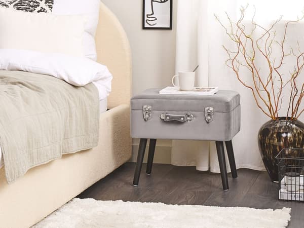 Skammel Grå Velour Træben 46 x 52 x 36 cm Polstret Puf med Opbevaring Moderne Design Kuffertformet Sengebord Soveværelse