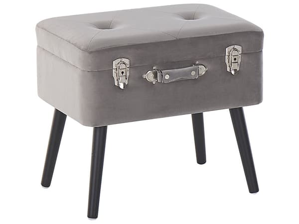 Skammel Grå Velour Træben 46 x 52 x 36 cm Polstret Puf med Opbevaring Moderne Design Kuffertformet Sengebord Soveværelse