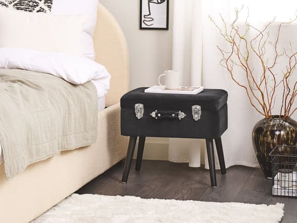 Skammel Sort Velour Træben 46 x 52 x 36 cm Polstret Puf med Opbevaring Moderne Design Kuffertformet Sengebord Soveværelse