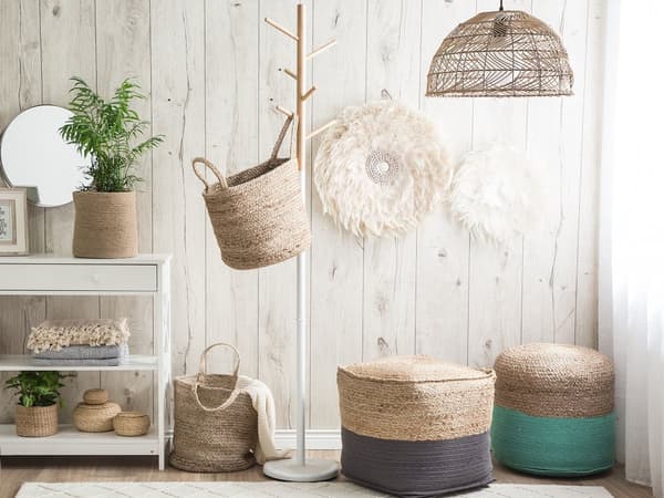 Puff Ottoman Mörkgrå Jute EPS Pärlor Fyllning Fyrkantig 44 x 44 cm Boho Stil