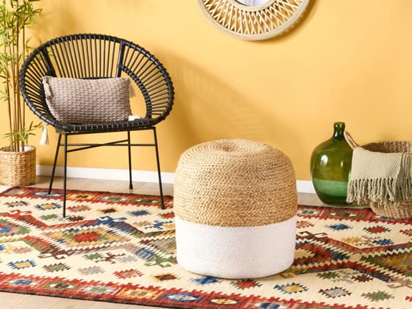 Puff Ottoman Vit Jute EPS Pärlor Fyllning Runda ø 46 cm Boho Stil