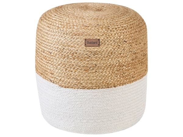 Puff Ottoman Vit Jute EPS Pärlor Fyllning Runda ø 46 cm Boho Stil