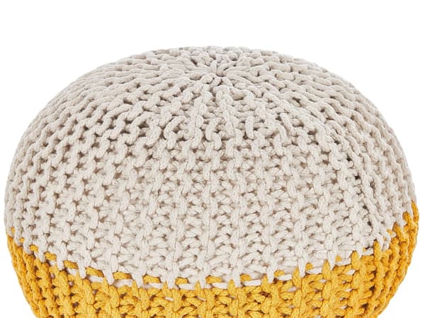 Puff Ottoman Gul Beige Stickad bomull EPS-pärlor Fyllning Rund liten fotpall 50 x 35 cm