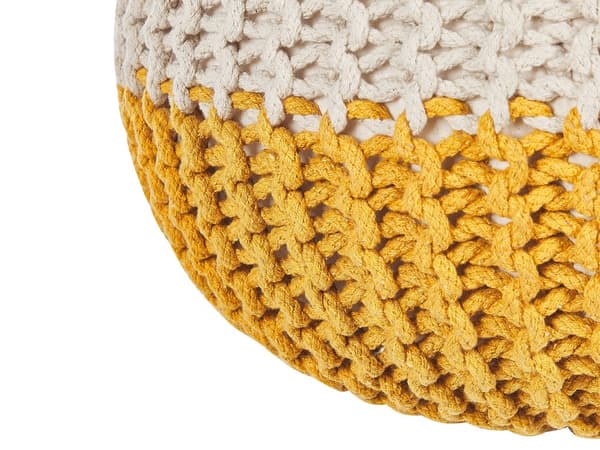 Puff Ottoman Gul Beige Stickad bomull EPS-pärlor Fyllning Rund liten fotpall 50 x 35 cm