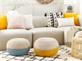 Miniatyrbild 2 av 6: Puff Ottoman Gul Beige Stickad bomull EPS-pärlor Fyllning Rund liten fotpall 50 x 35 cm