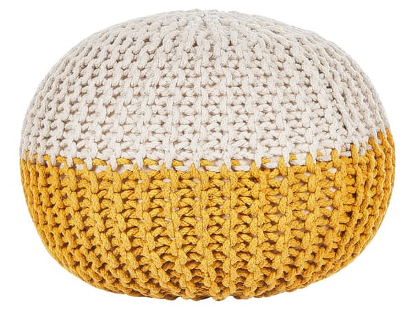 Puff Ottoman Gul Beige Stickad bomull EPS-pärlor Fyllning Rund liten fotpall 50 x 35 cm