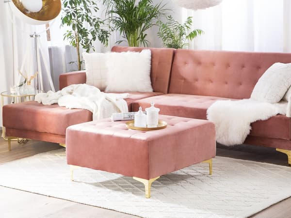 Fodskammel Lyserød Velour Guld metal 80 x 80 cm Firkantet Moderne Glam Design Skammel Fodstøtte Puf Sæde Boligindretning Stue Soveværelse