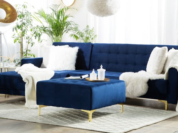 Ottoman Fodskammel Blå Velour med Skumfyld og Guld Krom Metalben 41 x 80 x 80 cm Klassisk Moderne Tuftet Siddeplads Stueindretning