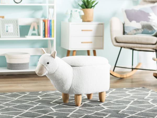 Eläinjakkara valkoinen kangas verhoiltu puu 65 x 30 x 45 cm säilytystilalla alpakka lasten moderni tyyli
