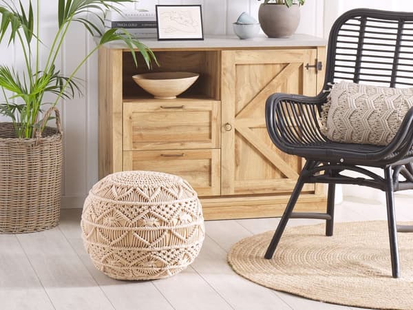 Puff Beige Bomull Chunky Virkad Rund Flätad Fotpall