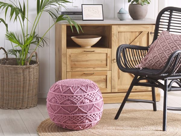 Puff Rosa Bomull Chunky Virkad Rund Flätad Fotpall
